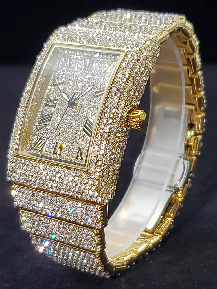 Montres pour hommes en or cadran rectangulaire de luxe diamant mode grandes