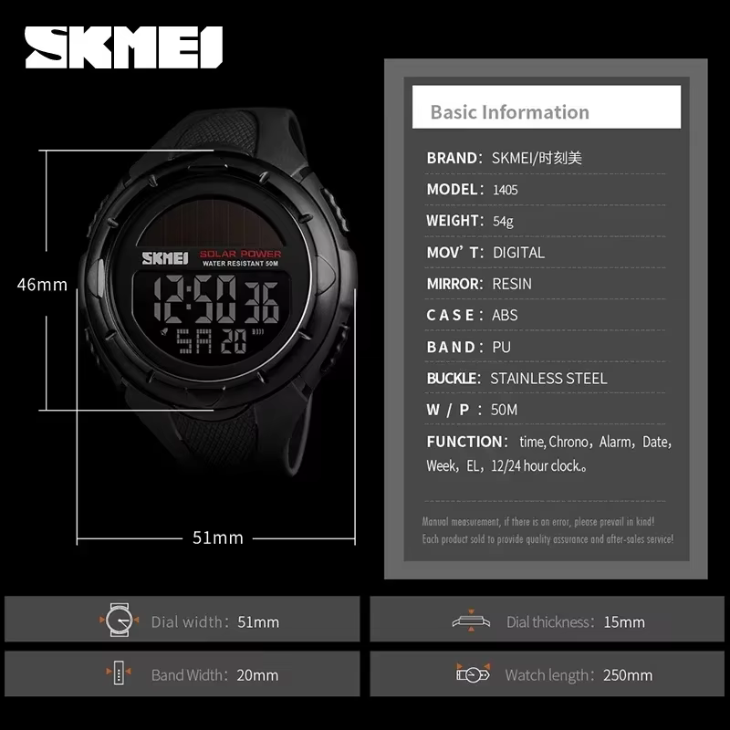 SKMEI 1405 Sport numérique hommes montres solaire pour l'alimentation alarme environnementale mâle horloge reloj hombre