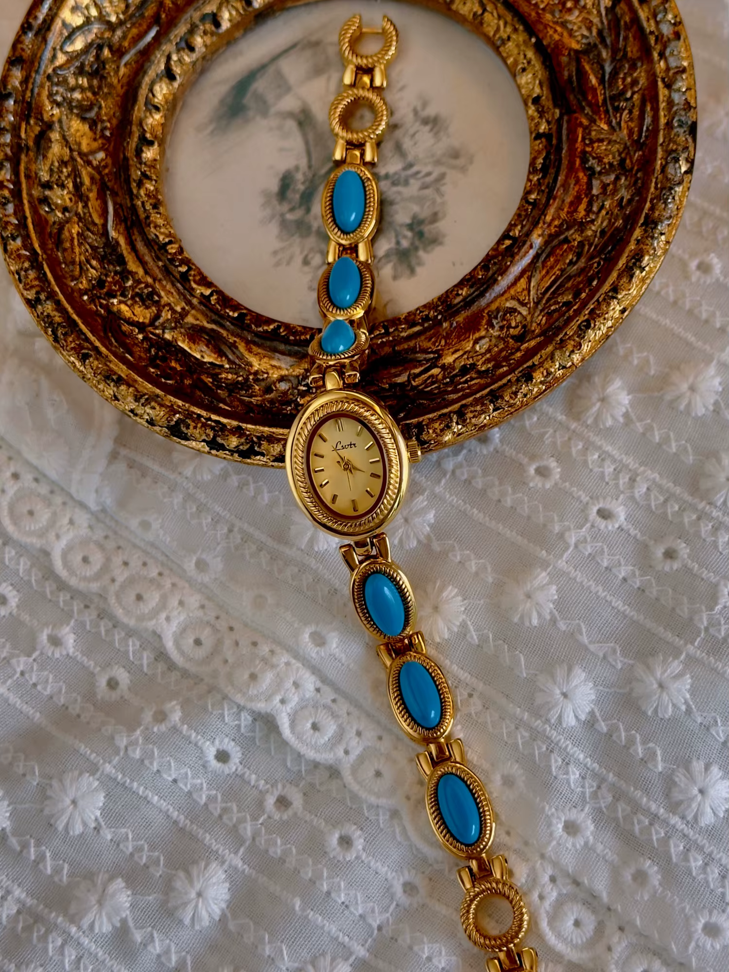 1 montre française élégante et tendance pour femme avec bracelet incrusté de pierres précieuses turquoise artificielles