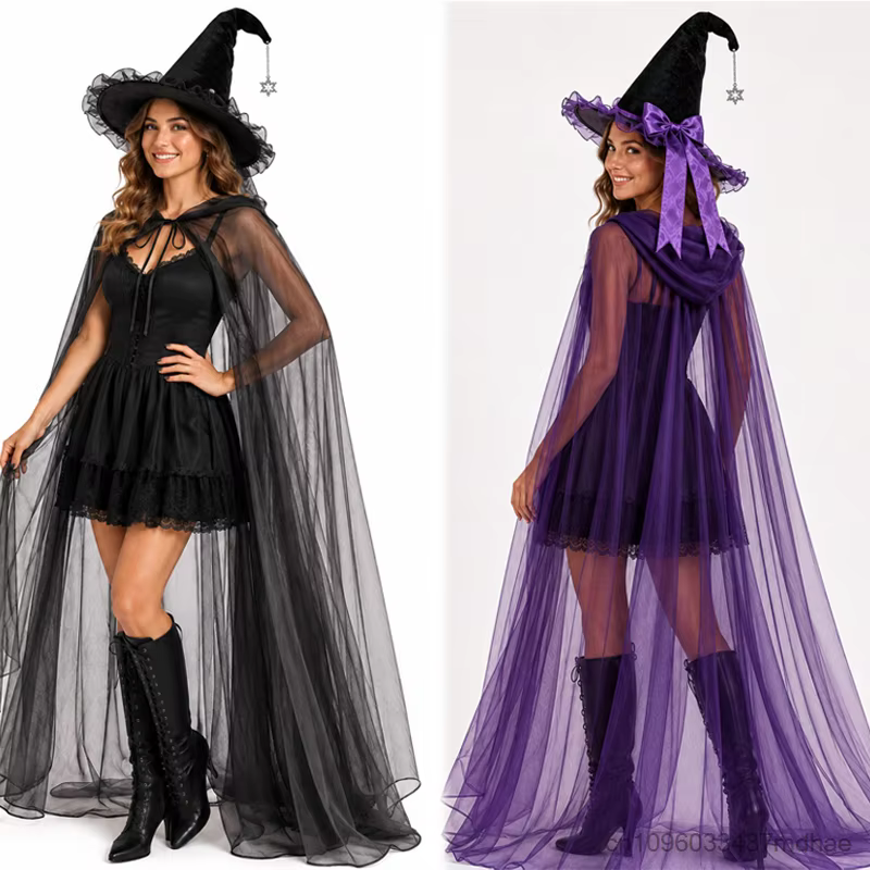 Chapeau de sorcière pour femme pour Halloween avec bordure en dentelle violette, nœud, chaîne étoile, cape noire en maille à capuche pour fête masquée, ensemble d'accessoires