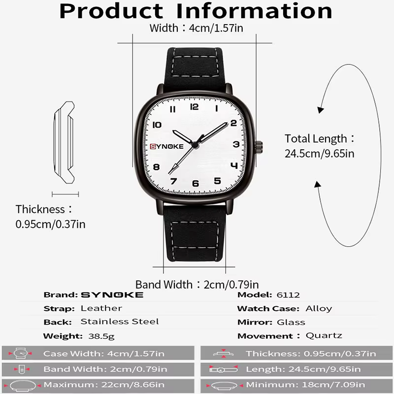 Synoke-Montre à quartz avec bracelet en cuir pour homme