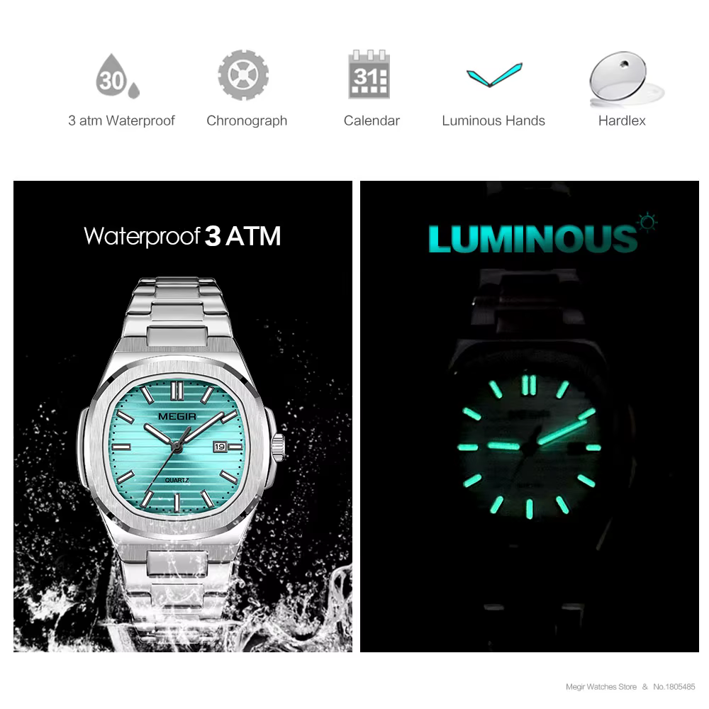 MEGIR montre habillée classique pour hommes avec bracelet en acier inoxydable doré cadran vert ovale montre-bracelet à quartz étanche avec aiguille lumineuse
