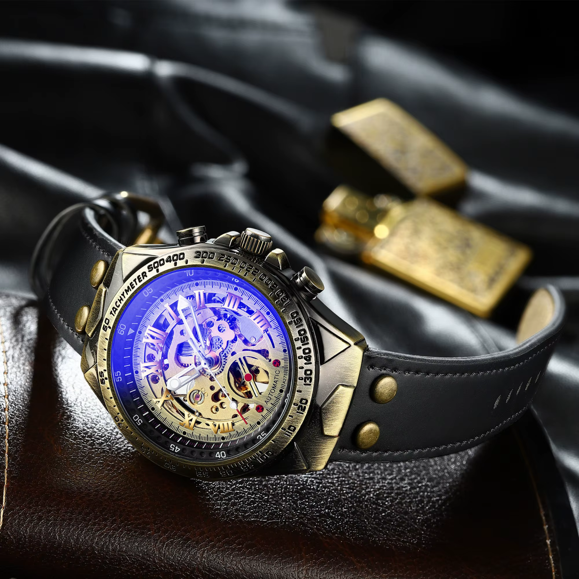 Montre mécanique automatique pour homme, boîtier en alliage, cadran ajouré, bracelet, montre-bracelet de luxe à remontage automatique, cadeau pour les messieurs