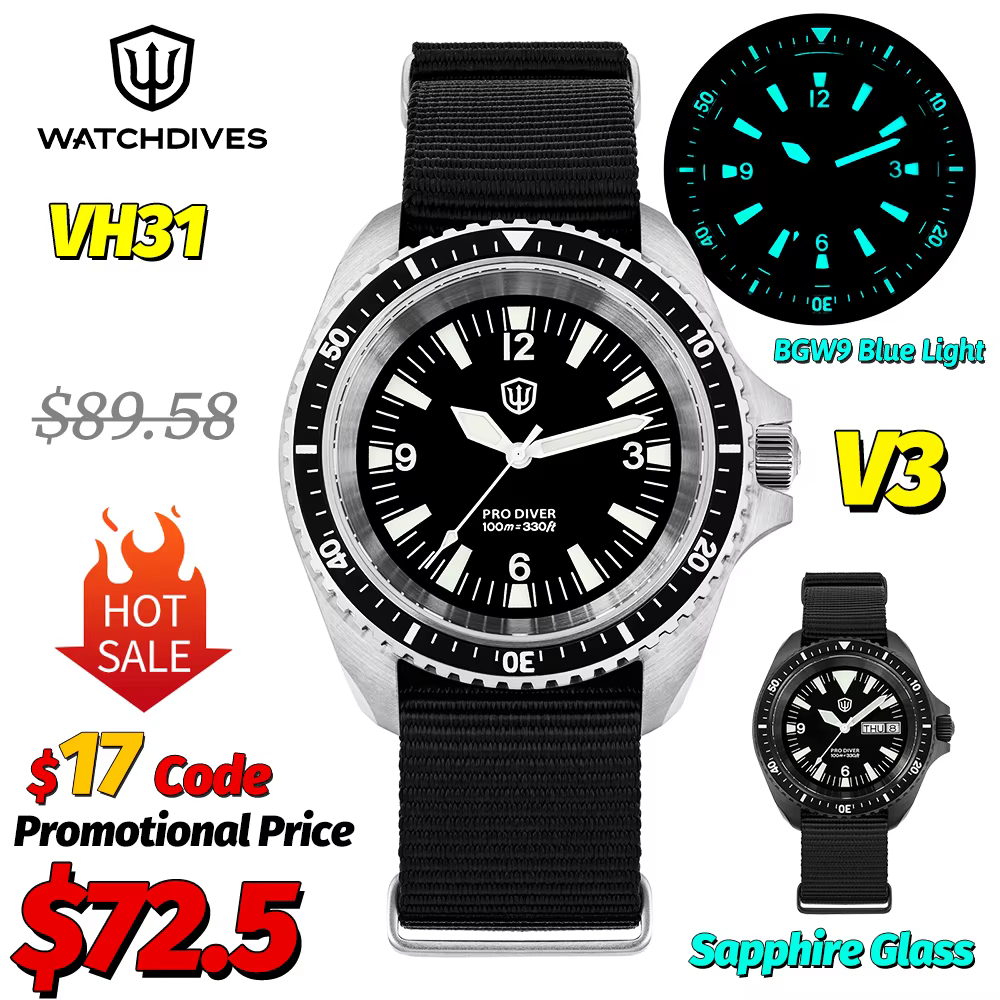 Watchdives WD1980 V3 montre Vintage VH31 mouvement à Quartz montres en acier inoxydable saphir lumineux 10Bar montre-bracelet étanche