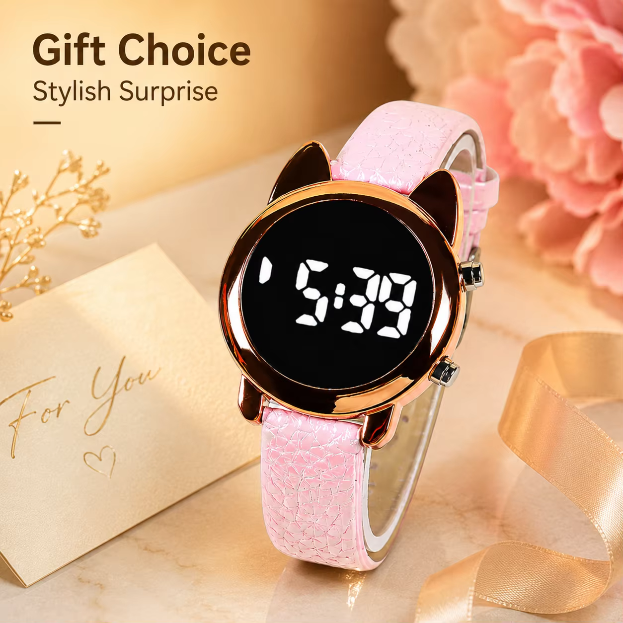 Montre numérique LED pour femme avec design oreilles de chat