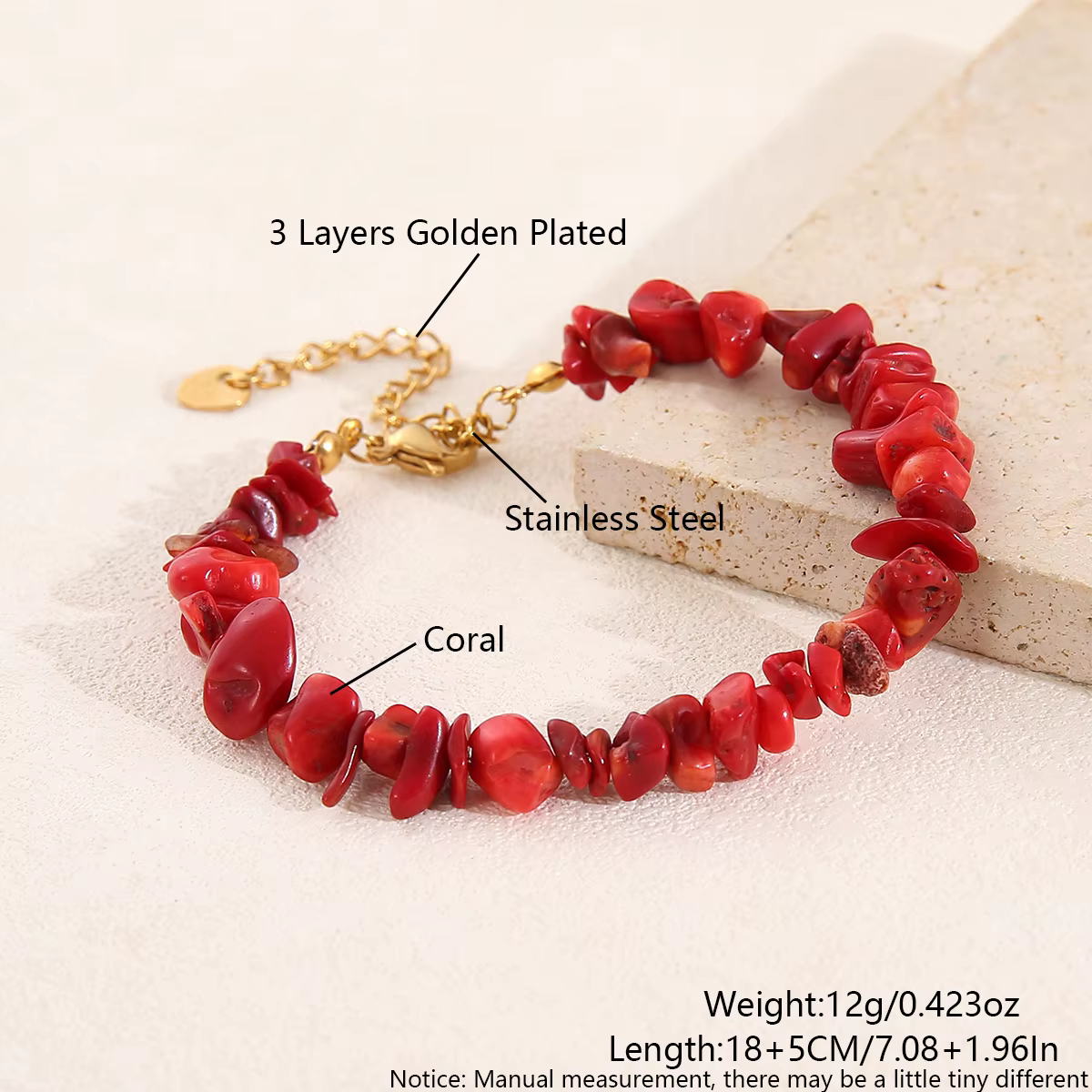 Bracelet pour femme en perles de corail rouge, acier inoxydable, réglable, fait main, plaqué or, bijoux d'amitié pour couple