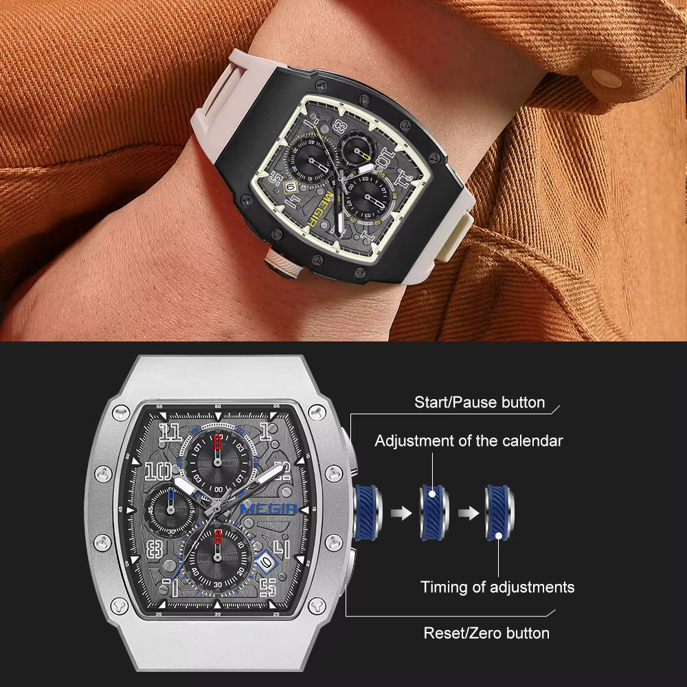 MEGIR chronographe montre à Quartz pour hommes mode étanche lumineux bracelet en Silicone 316 boîte en acier inoxydable mâle montre-bracelet Date