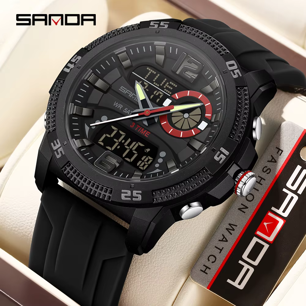 SANDA mode luxe hommes montres double affichage numérique Sport analogique Quartz homme montre-bracelet décontracté étanche silice chronographe