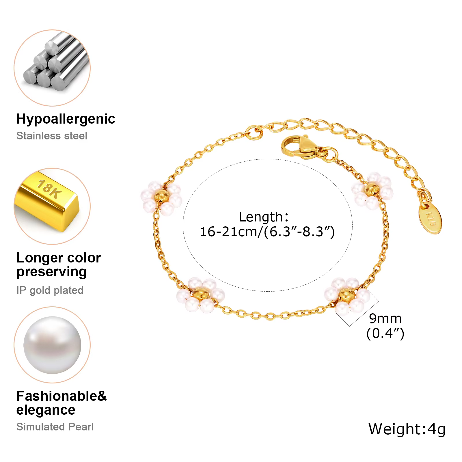 Destroy AndrFlower-bracelet pour femmes, bracelet plaqué or JO18 K, maillon ajustable en acier inoxydable, bijoux boho d'été