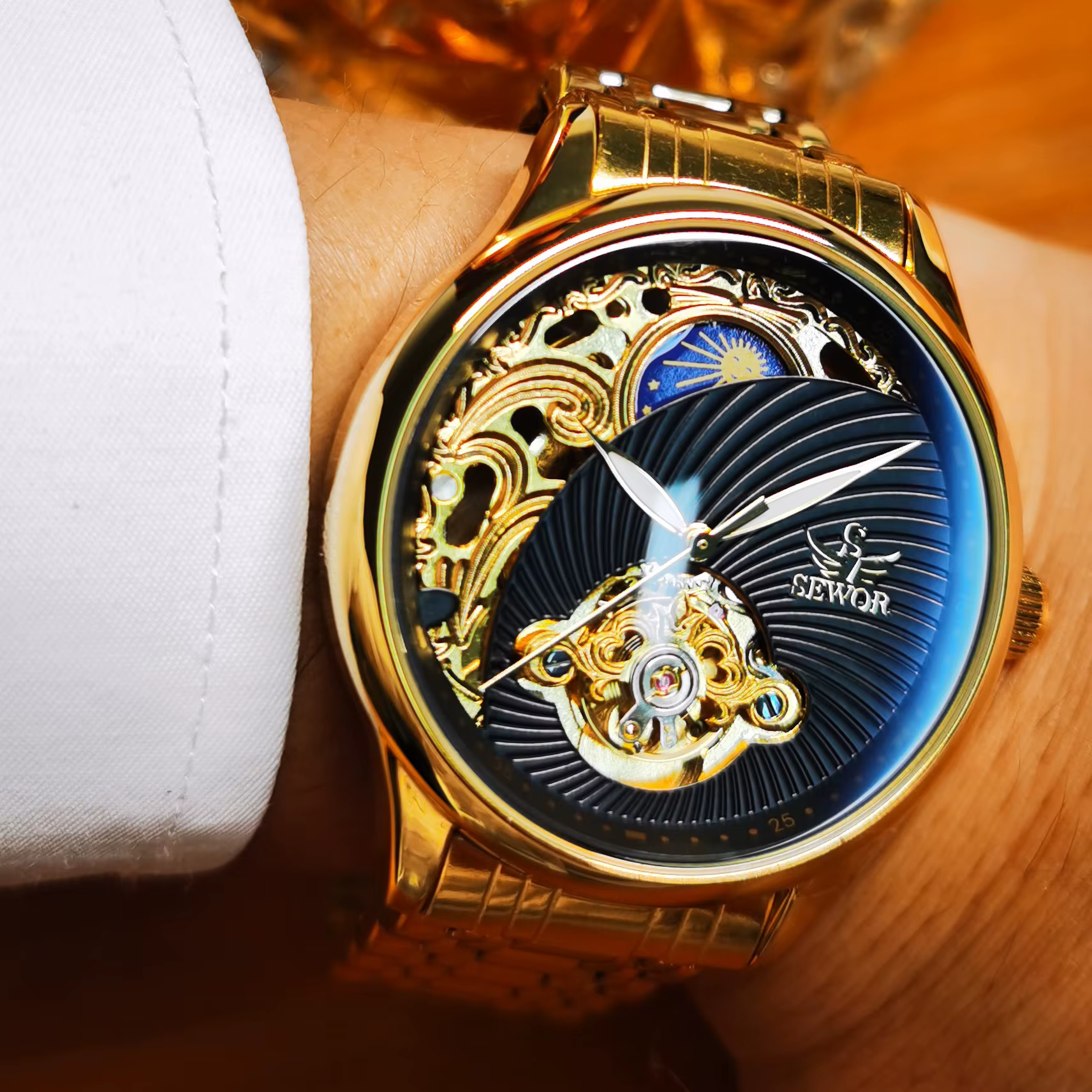 AOKULASIC or squelette montre pour hommes rétro Phase de lune Tourbillon automatique montres mécaniques de luxe en acier inoxydable bande lumineuse