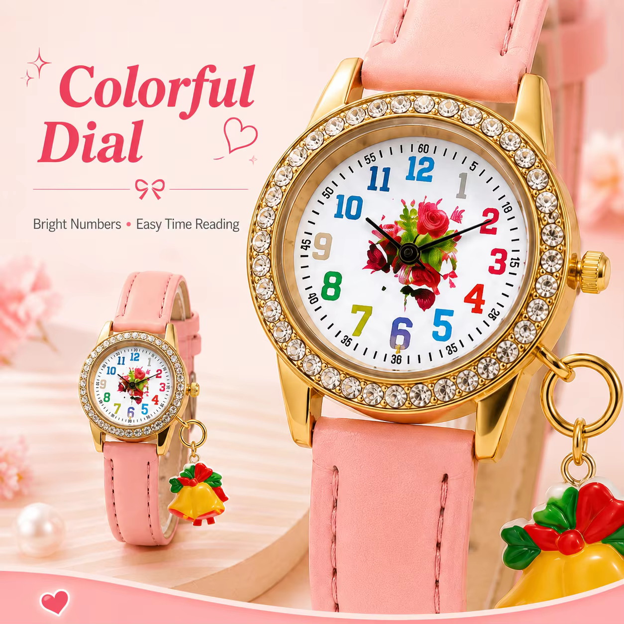 Montre de mode pour femme avec cadran floral numérique coloré, breloque cloche, lunette en strass dorés, bracelet réglable, disponible en 5 couleurs