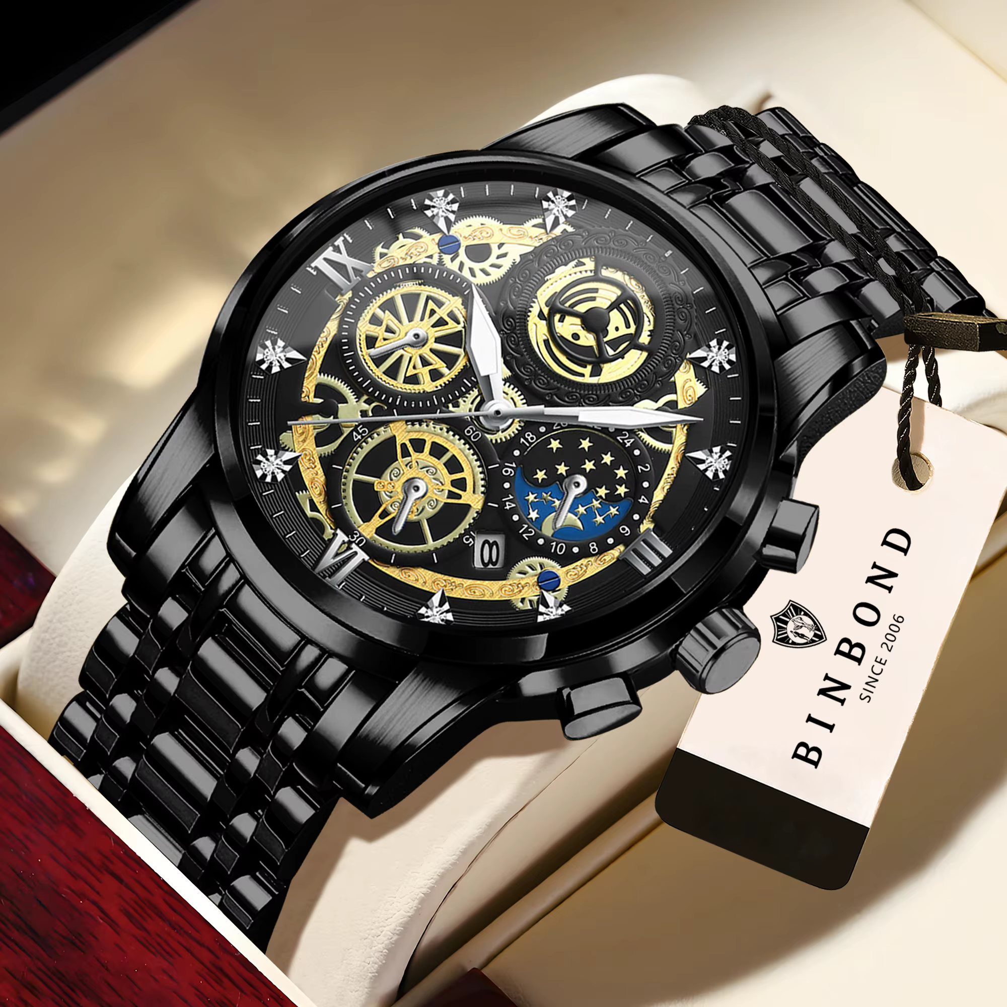 BINBOND luxe Quartz pour hommes montre bracelet en acier inoxydable cadran