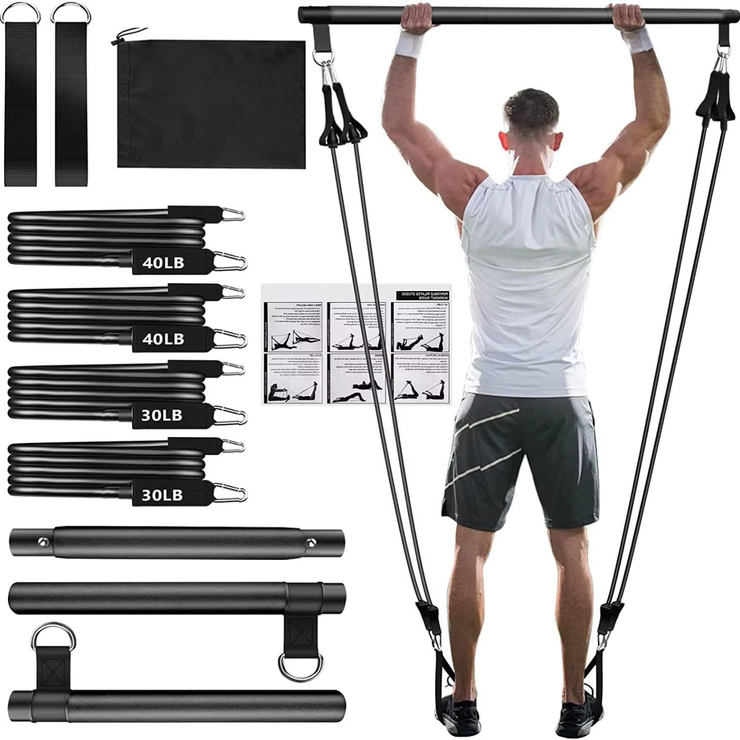 Kit de barre de Pilates avec bandes de résistance réglables, équipement d'entraînement à domicile, barre de musculation pour le corps entier, pour le yoga, la remise en forme et le renforcement du tro