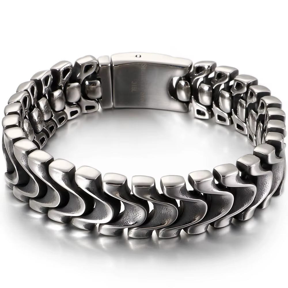 Bracelet pour homme en acier inoxydable mat vintage, style gothique rétro, chaîne épaisse, bijoux de motard, couleur argent vieilli
