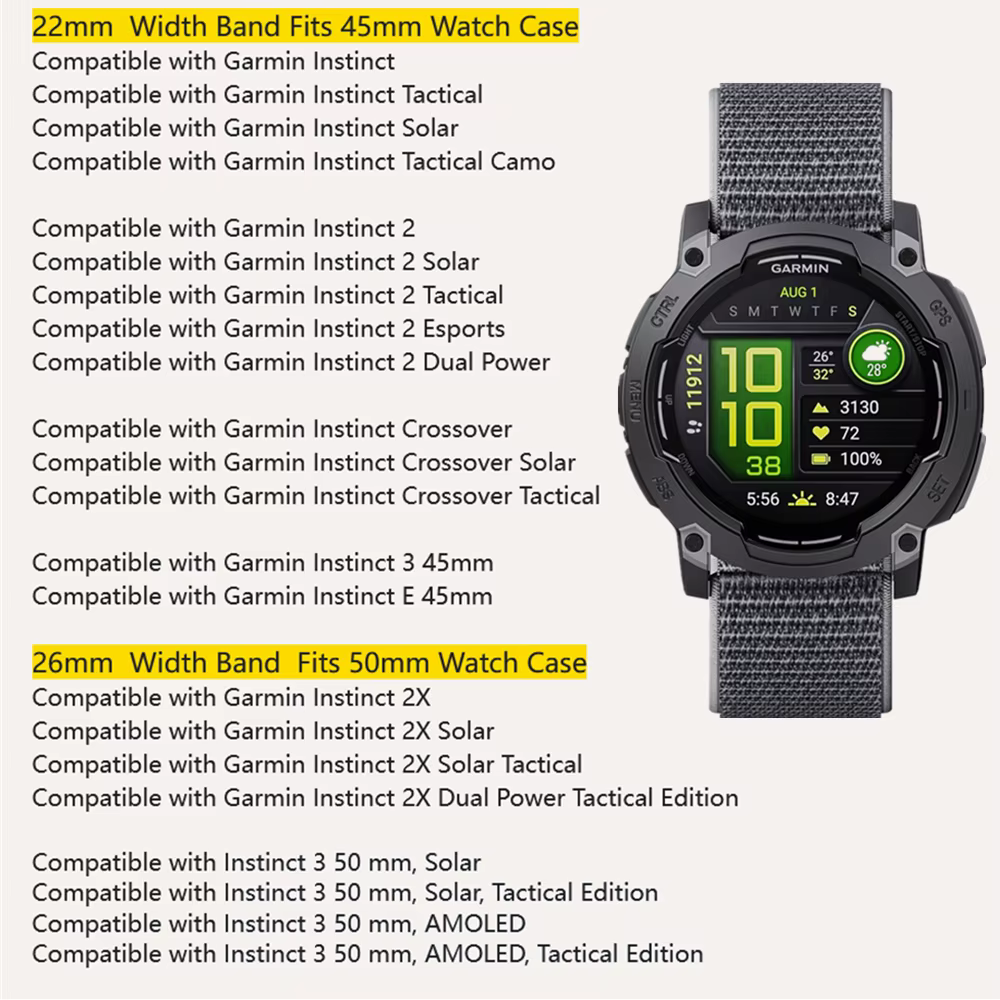 Bracelet de montre en nylon pour Garmin Instinct 2/2X/3