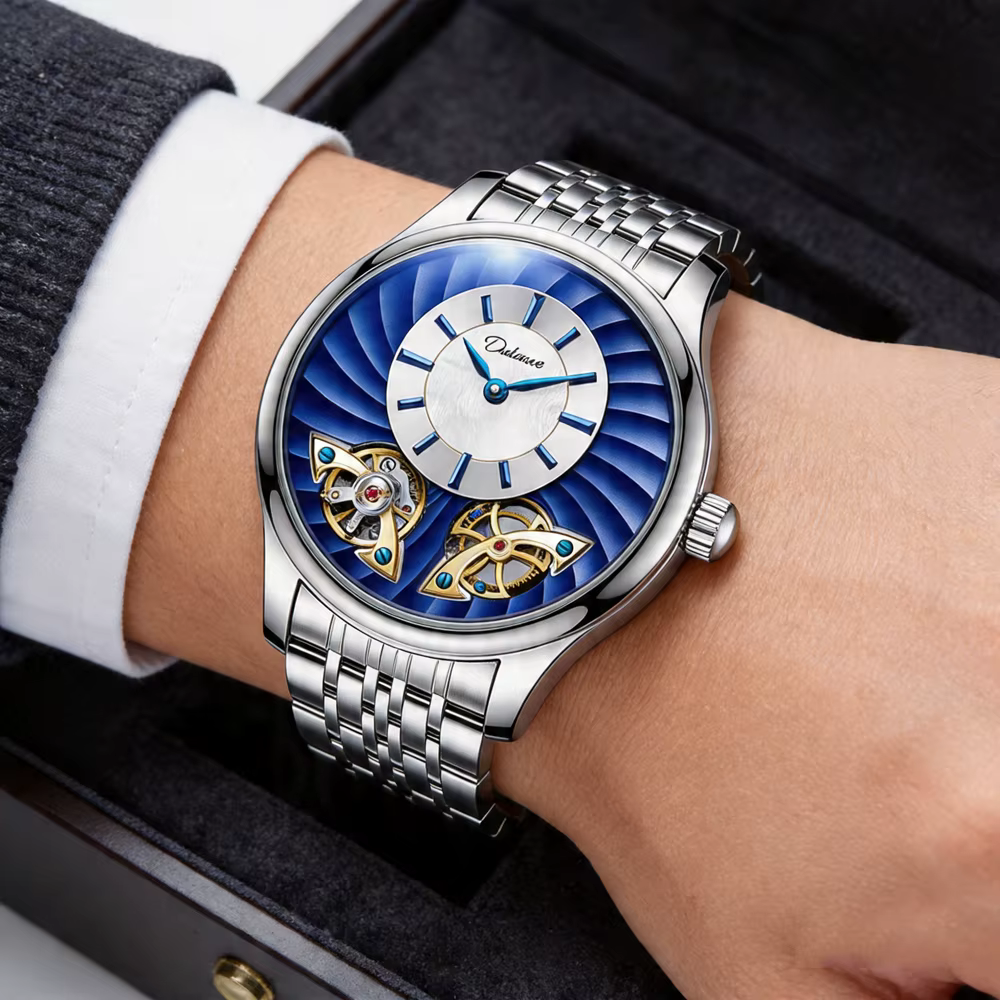 Montre pour homme avec double tourbillon rotatif bleu