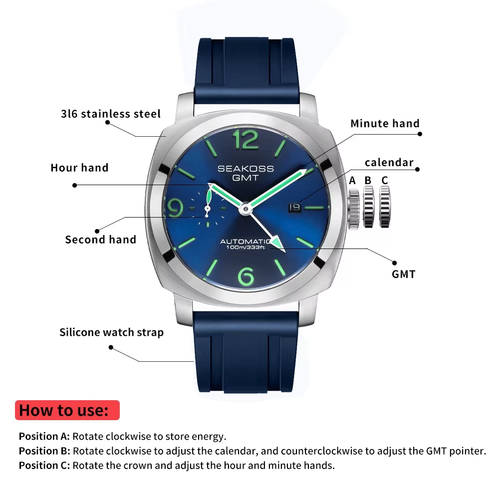 SEAKOSS 100m plongée hommes GMT montres mécaniques automatiques 1963 horloge 2557 mouvement mouette montres-bracelets saphir Super lumineux