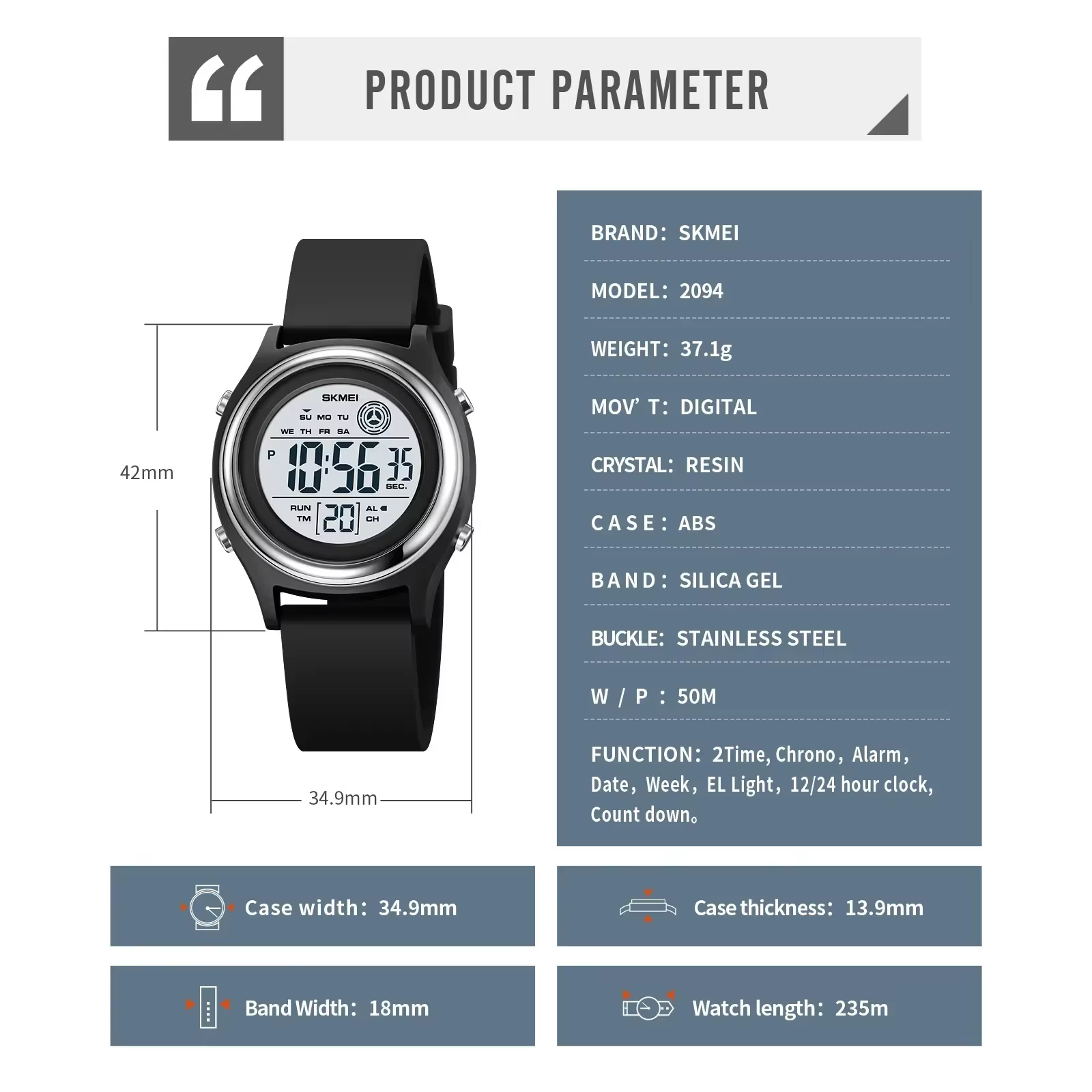 SKMEI 2094 femmes chronomètre dame montre-bracelet 50 M étanche antichoc reloj mujer rétro-éclairage affichage compte à rebours montres numériques