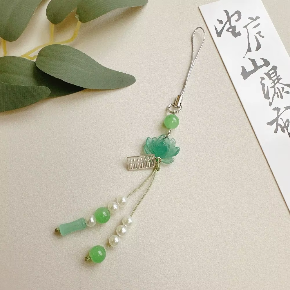 Accessoire de bijouterie, pendentif lotus perlé de style chinois, fait main, vintage, chaîne pour appareil photo, décoration à suspendre pour sac à dos