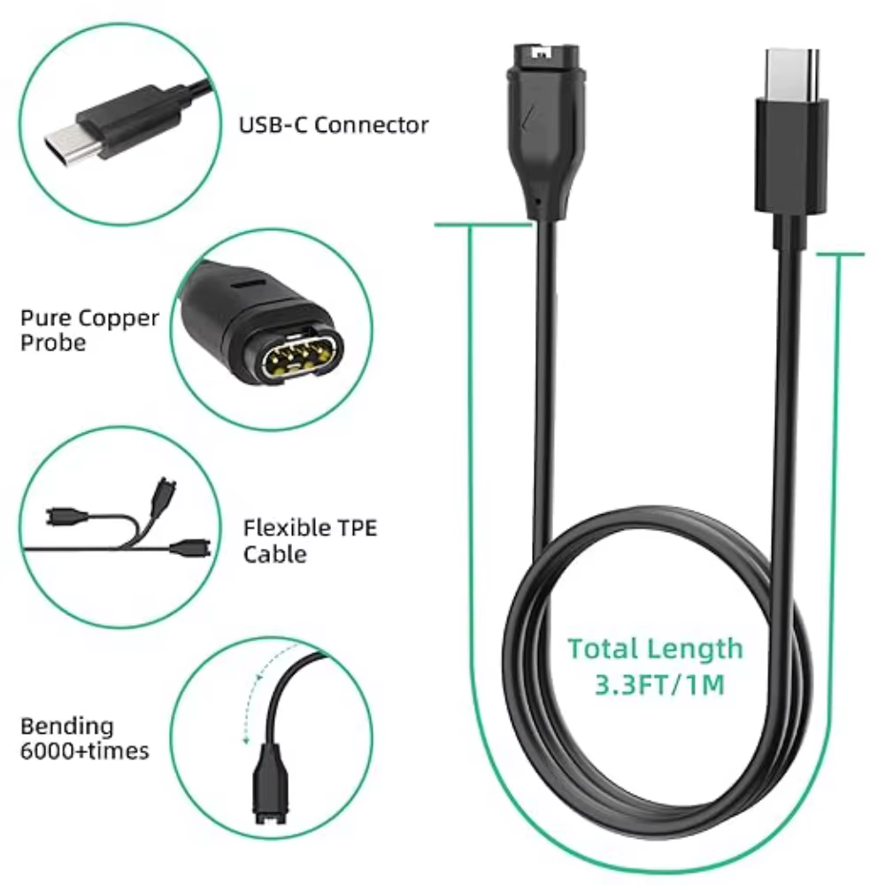 Câble de chargeur de remplacement pour montre connectée Garmin Fenix 8 7 7S 7X Pro 6 6S 6X Pro 5 5s 5X Plus USB-C