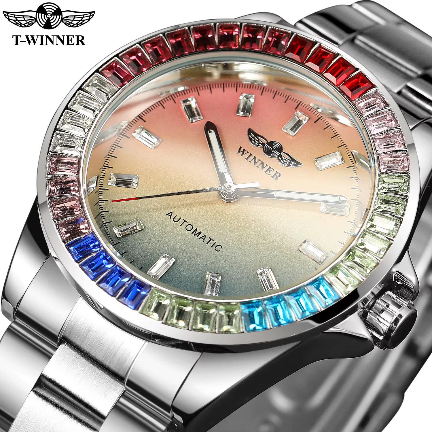 T-WINNER classiques diamants colorés montres mécaniques pour hommes mouvement automatique 3ATM étanche en acier inoxydable haut de gamme de luxe