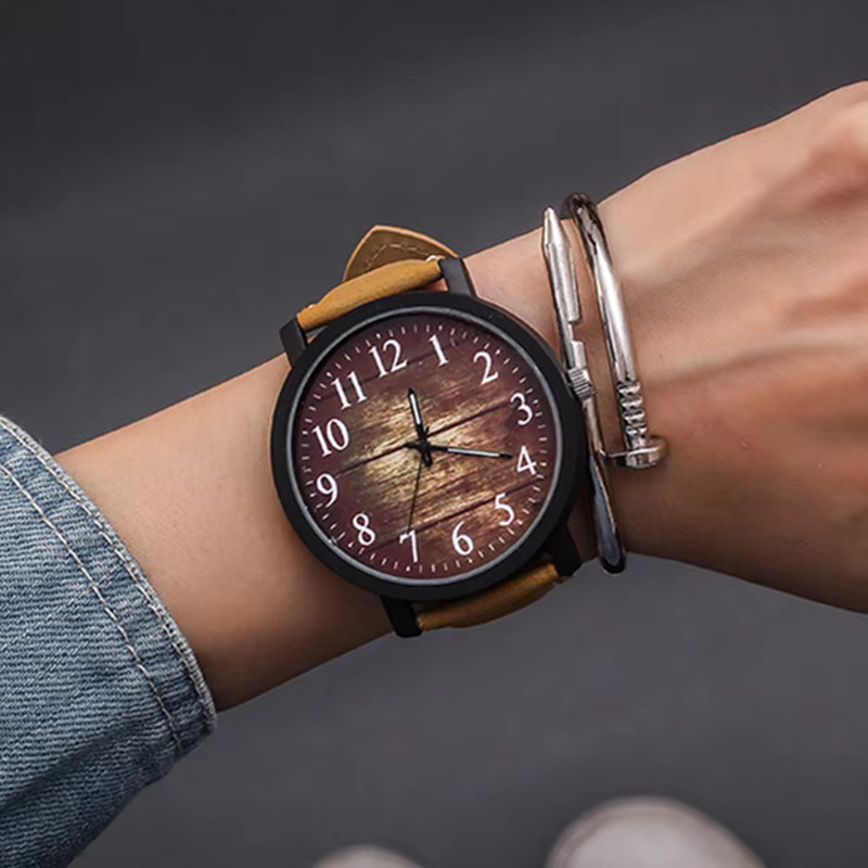 Mannen – montre-bracelet en cuir imitation bois unisexe pour homme