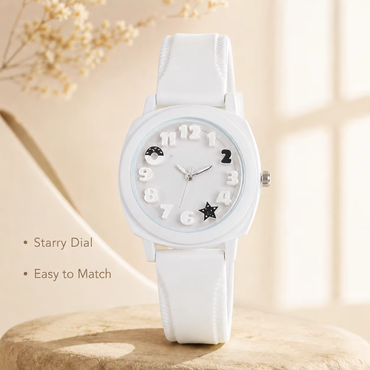 Montre analogique à cadran numérique 3D avec motif lune et étoiles
