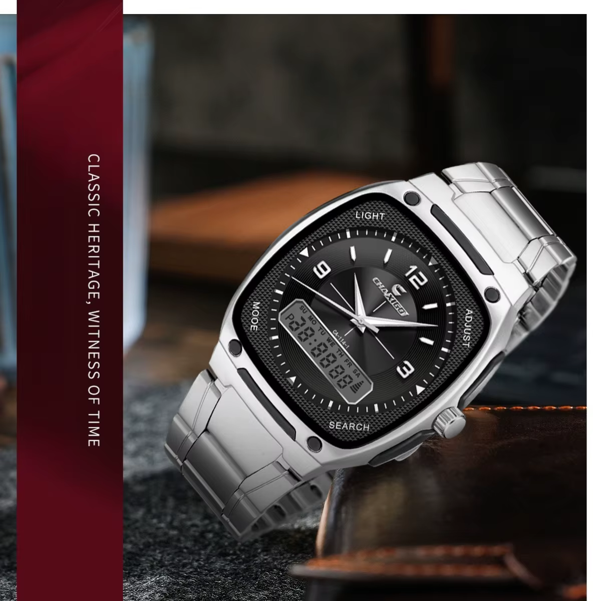 CHAXIGO 6137 mode montre pour hommes lumineux étanche calendrier réveil multi fonctionnel montres