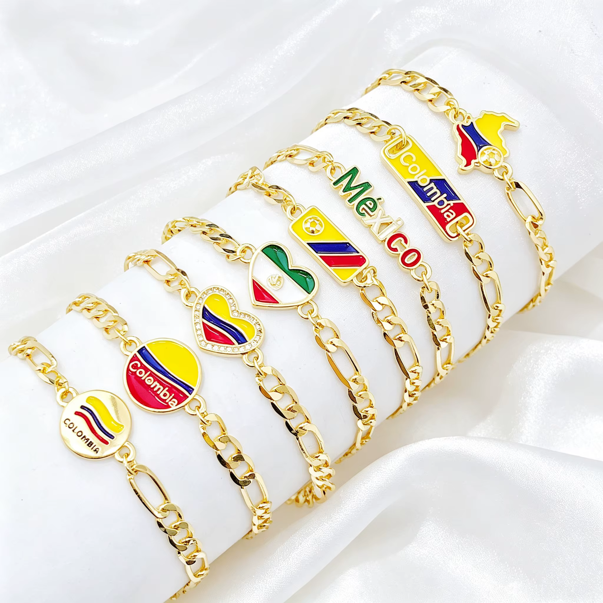 Nouveau bracelet chaîne cubaine drapeau Colombie Mexique pour femmes et hommes, avec breloque cœur émaillé carte du pays, bijou patriotique, cadeau