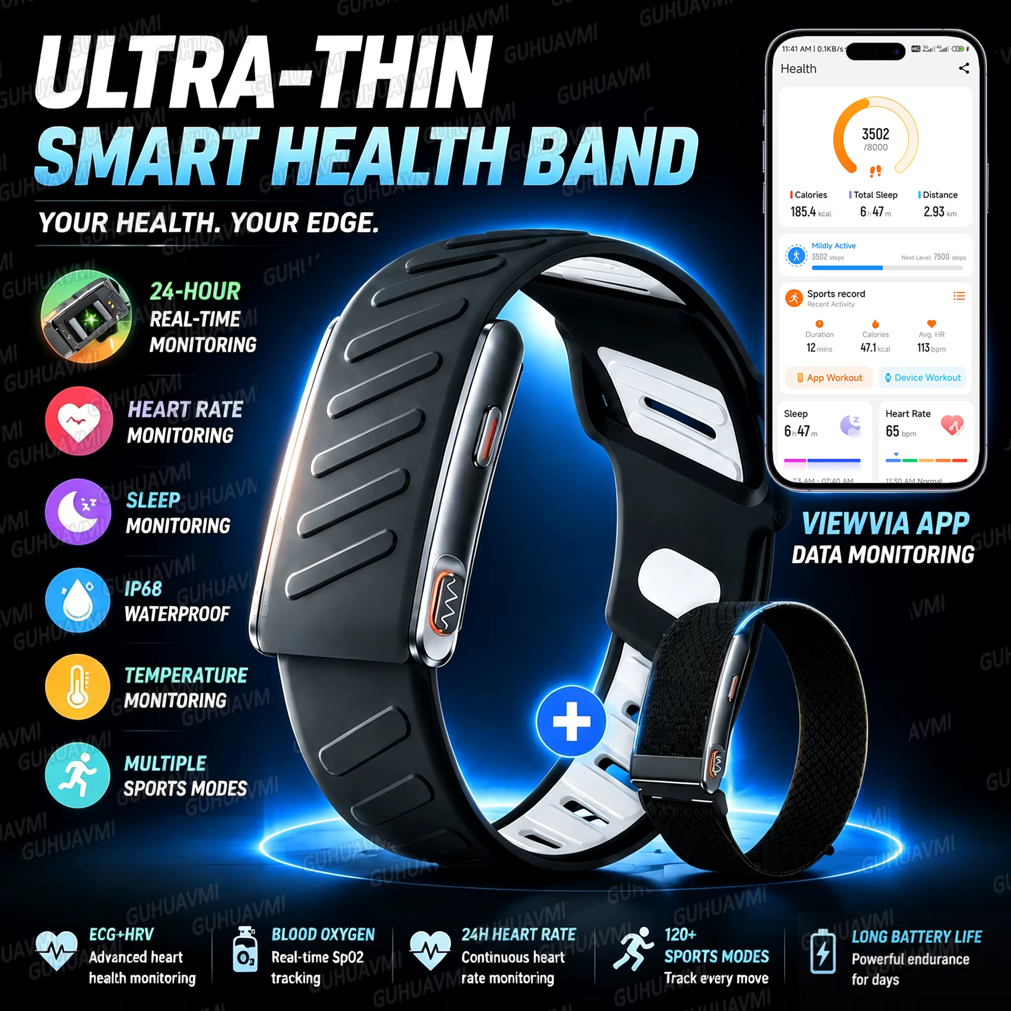 Bracelet connecté intelligent avec moniteur ECG