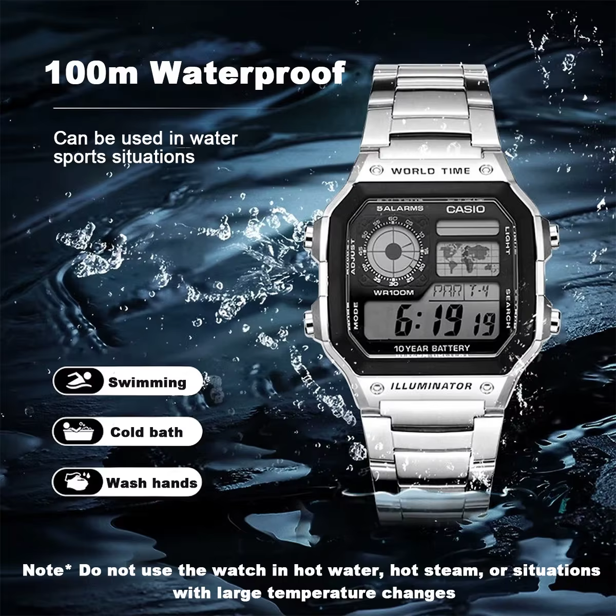 Série Casio AE1200WH | Montre numérique pour homme | 100M WR | Alarmes multiples | Chronomètre 100 secondes | Minuterie