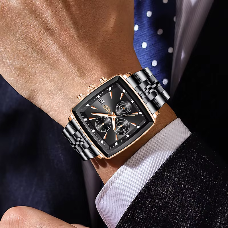 LIGE mode montres de luxe pour hommes cadran carré en acier inoxydable étanche lumineux Auto Date chronographe Quartz homme montre + boîte