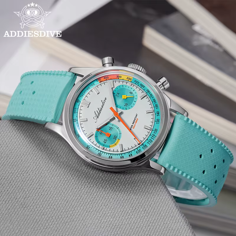 ADDIESDIVE TOP 38mm chronographe montre VK64 10Bar étanche BGW9 Super lumineux fluorocarbone caoutchouc Quartz