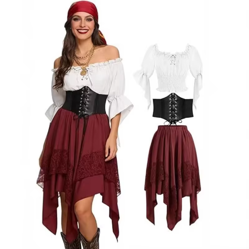 Costume de pirate Renaissance pour femmes, ensemble 3 pièces, chemisier, corset, ceinture, jupe asymétrique en dentelle, déguisement d'Halloween, tenue médiévale