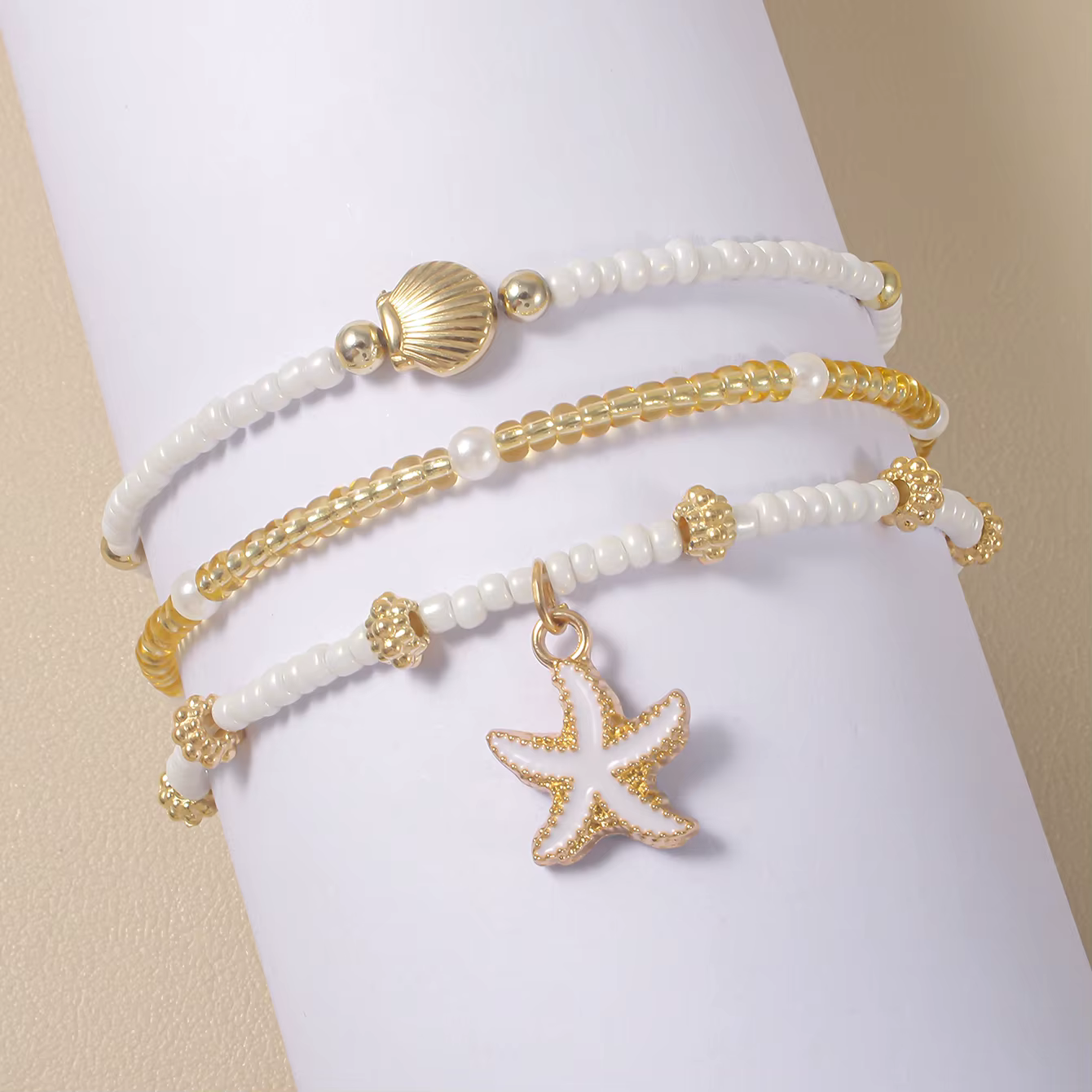Bracelet en coquillage d'étoile de mer exquis, perles de rocaille faites à la main, plusieurs couches, bijoux pour femmes, fête sur la plage, vacances, été