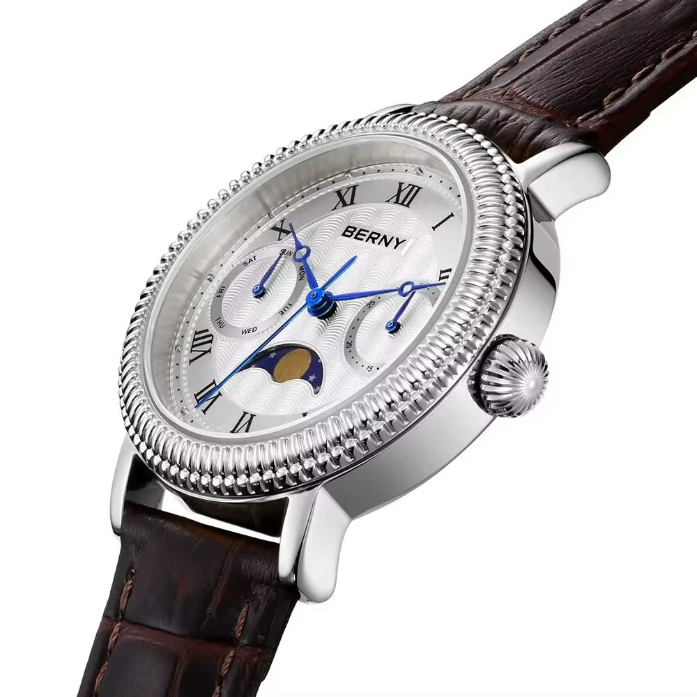 BERNY Montres pour femmes, montre de luxe pour affaires, phase de lune, élégante, à quartz, bracelet en cuir, acier inoxydable