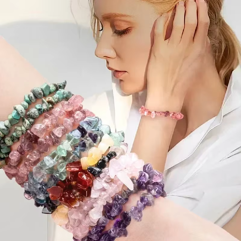 Bracelet en gravier naturel, perles extensibles, améthyste, cristal Rose, Quartz, Chakras, cadeau pour femmes