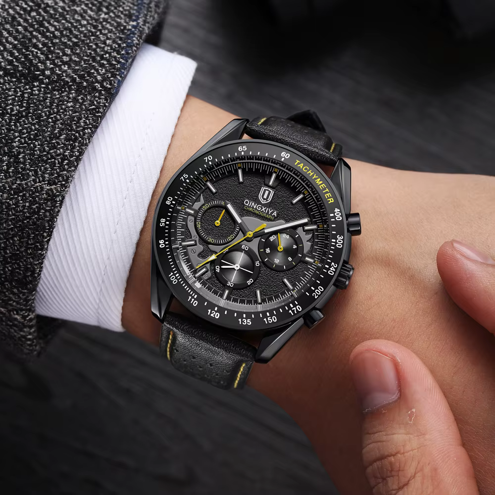QINGXIYA haute qualité hommes Sport montre à Quartz haut de gamme de luxe chronographe horloge mâle en cuir militaire