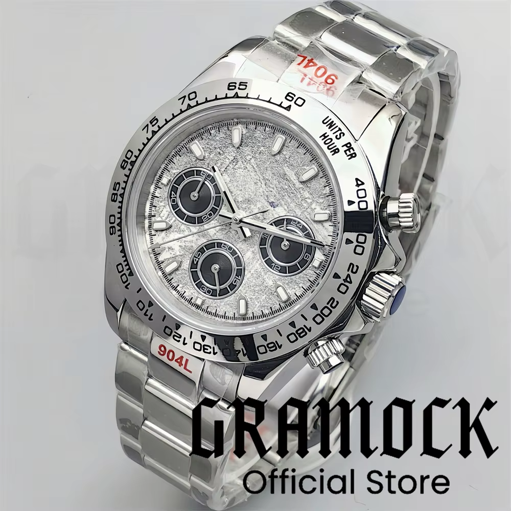 Gramock montre pour hommes 39mm argent VK63 sport chronographe montres à Quartz gris météorite cadran saphir verre Relogio Masculino