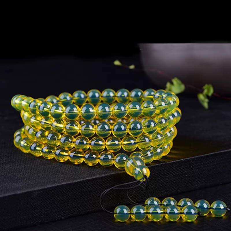 Bracelet Mexicain en Ambre Bleu d'Eau Purifiée, 108 Perles de Bouddha Rondes en Ambre, Chapelet pour Homme et Femme