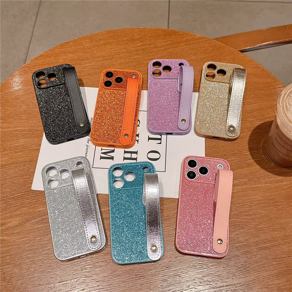 Étui de luxe en cuir brillant avec dragonne, accessoires adaptés à l'iphone 11 12 13 mini 14 15 16E 17 Pro Max Plus, housse de Protection
