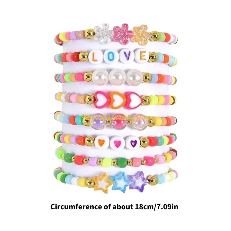 N5KE 8PCS Bracelets d'amitié empilables Bijoux poignet ajusté pour les filles Perles bohémiennes arc-en-ciel avec charme