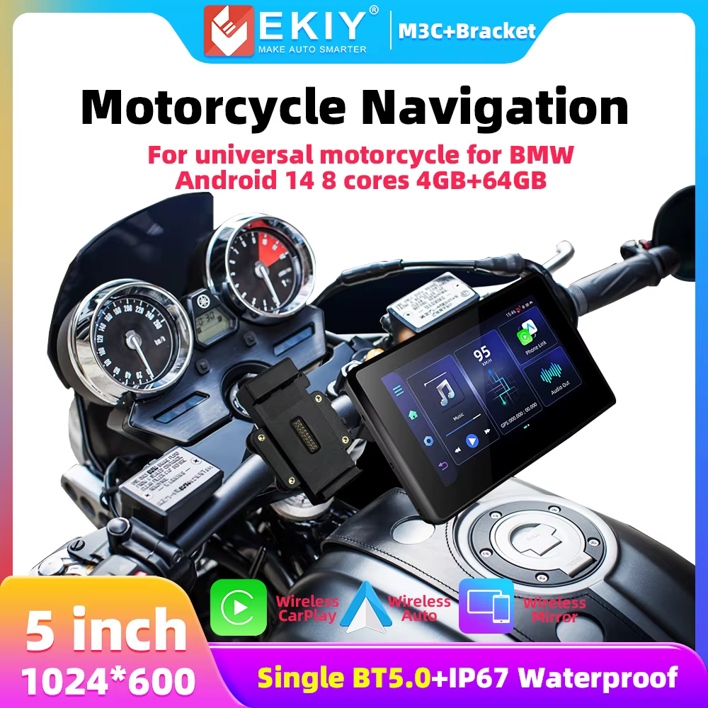 Navigation GPS portable pour moto EKIY Android 14, étanche IPX67, écran 5 pouces, compatible CarPlay sans fil et Android Auto.