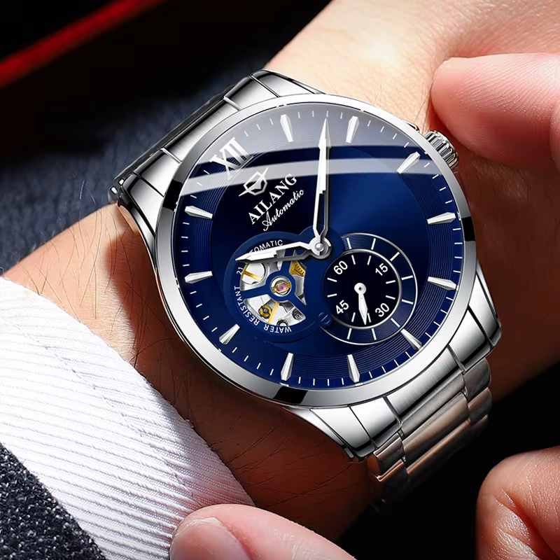 AILANG hommes montres haut de gamme de luxe en acier inoxydable montre mécanique