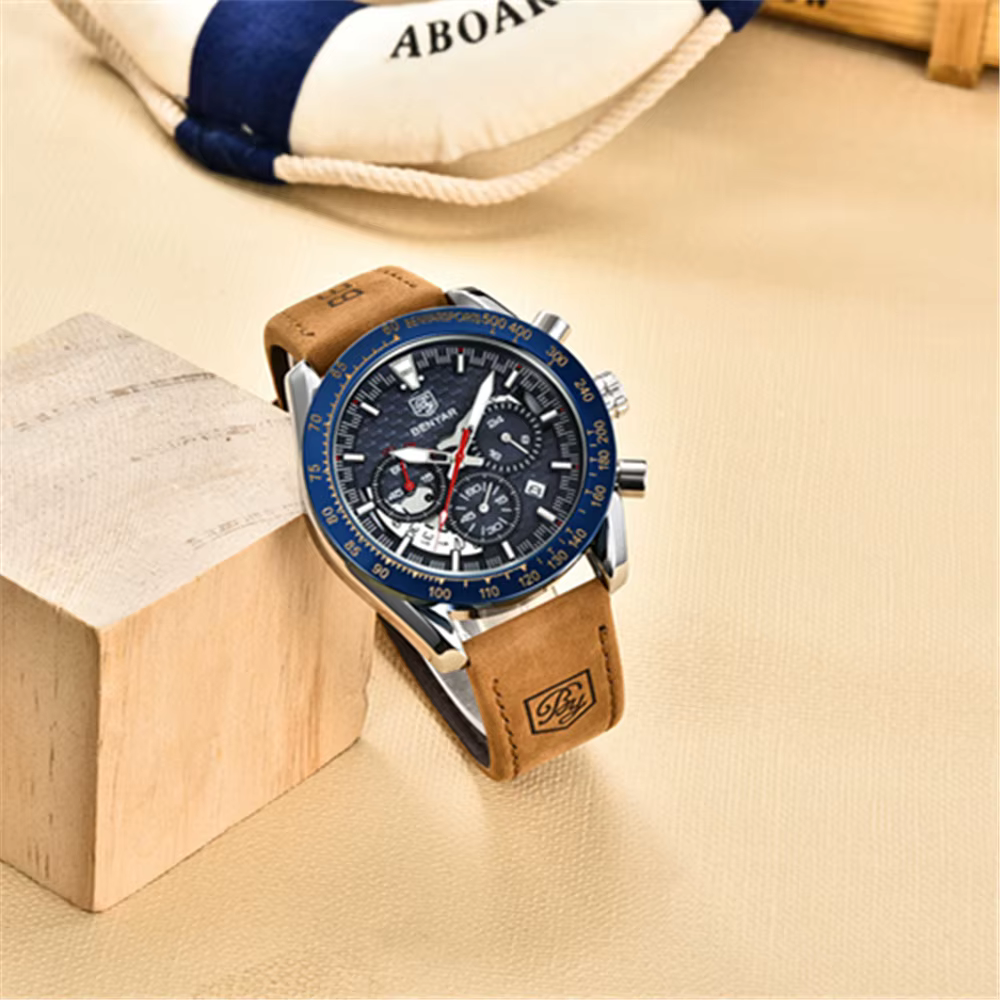 Benyar Design-Montre à quartz en cuir pour homme, chronographe Shoous, marque de sport, mode vintage, étanche à 30m, 45mm