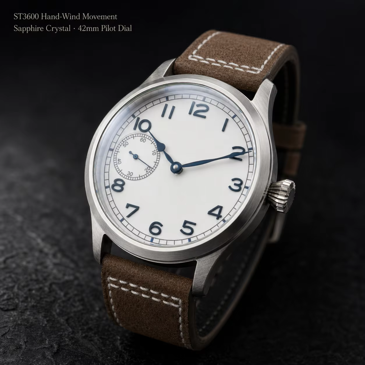 Montre pilote Corgeut 42 mm pour homme, mécanique à remontage manuel ST3600, saphir, bracelet en cuir