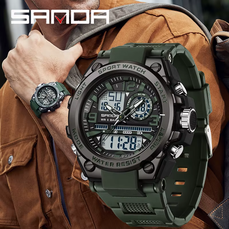 SANDA hommes sport montres à Quartz double affichage LED électronique numérique