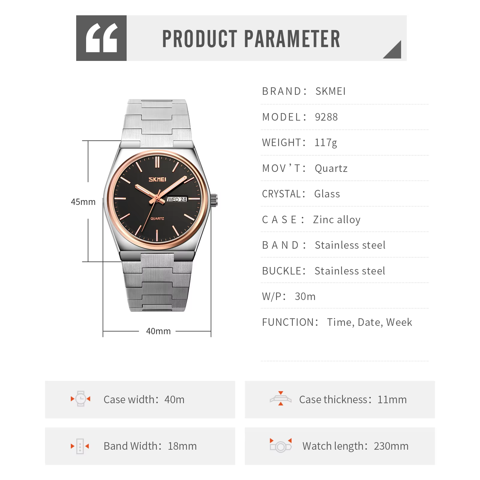 SKMEI 9288 montre à Quartz pour hommes antichoc en acier inoxydable semaine Date Sport étanche montres