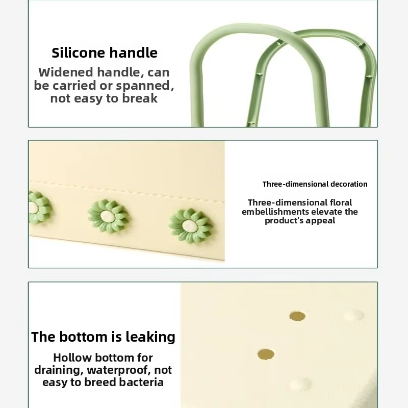 Panier de pique-nique portable pour usage extérieur et domestique avec fond souple, drainage et rangement pour articles de toilette et articles de salle de bain