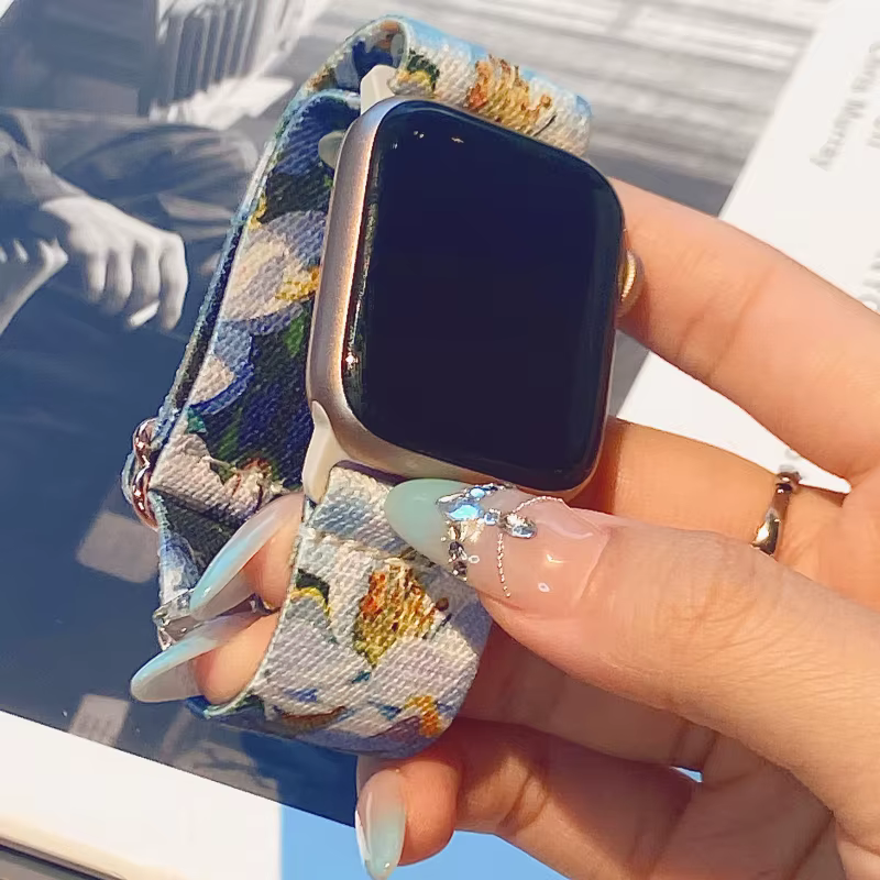 Bracelet Nylon à Motif Fleuri Peint pour Apple Watch 38-49mm - Sangle Respirante avec Fermoir Coulissant en Acier Inoxydable (Séries 3-10/SE/Ultra/Ultra2)